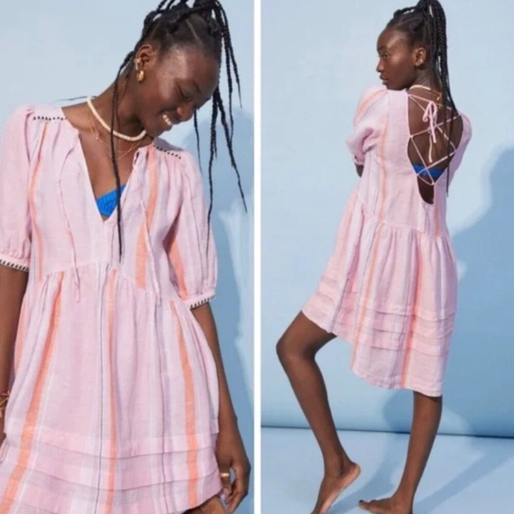 LemLem x H&M Collab Pink Stripe Linen Dress Puff Sleeves Sz S